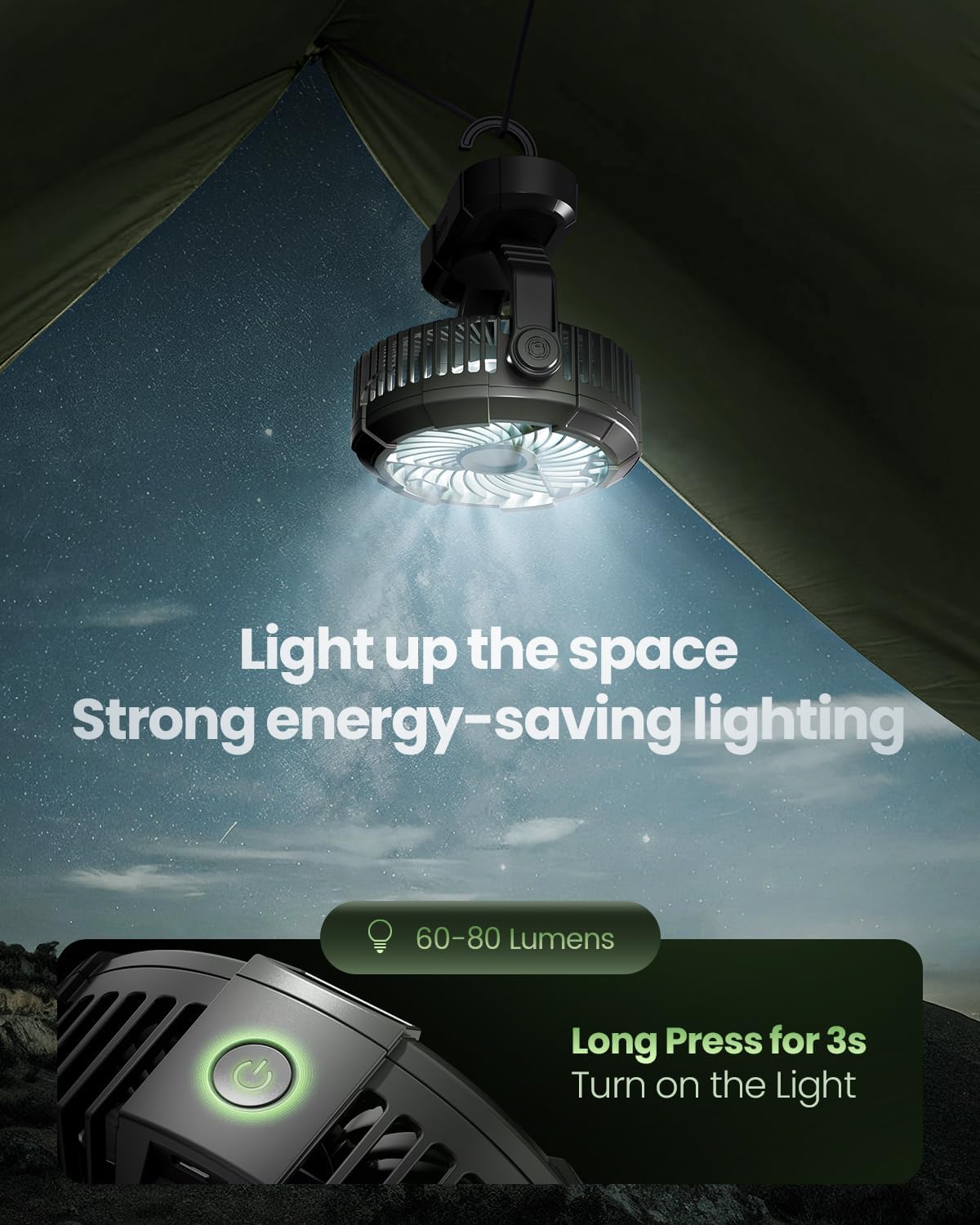 Gaiatop Portable Camping Fan with LED Lantern, 360° Head Rotation for Tent
