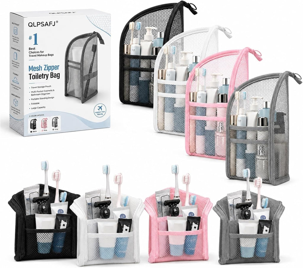 Mesh Zipper Toiletry Bag for Travel Storage Pouch Multi-pocket Travel Cosmetic Bathroom Count Hanging Organizer Portable Standing Makeup Foldable Clear Waterproof EVA Large Capacity(4pc)