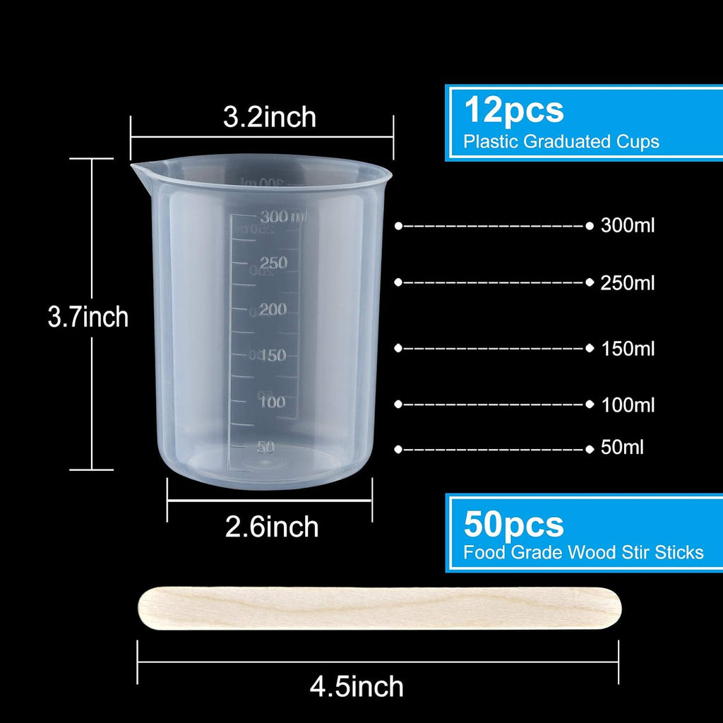 Coopay 12 Pack 300ml/10.1oz Plastic Beakers Epoxy Mixing Cups, Plastic Graduated Cups Clear Multipurpose Measuring Cups with 50 Pack Wooden Stirring Sticks for Resin, Epoxy, Stain, Mixing Paint