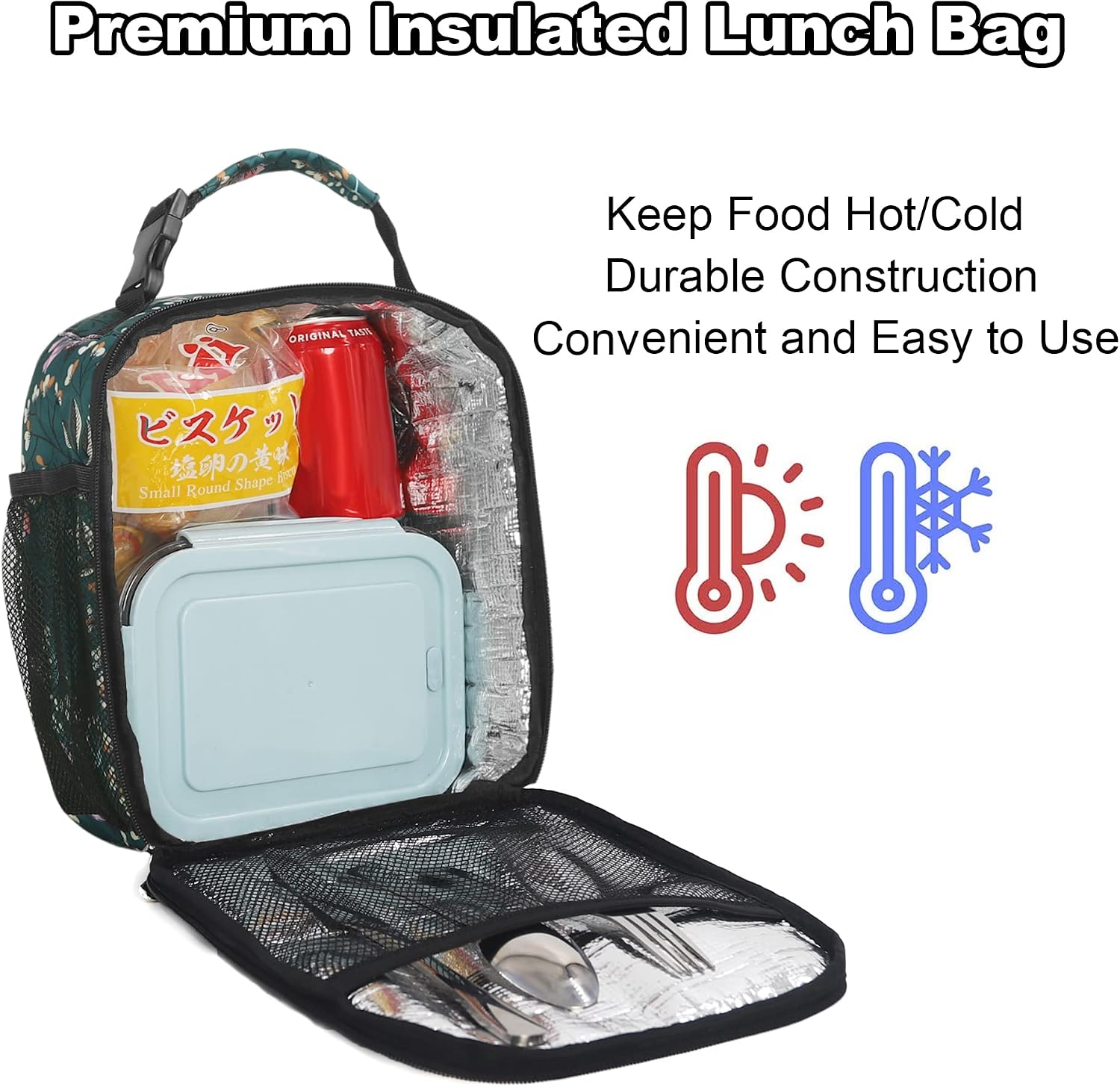 Femuar Lunch Box for Men Women Adults Small Lunch Bag for Office Work Picnic - Reusable Portable Lunchbox, Malachite Green Flower