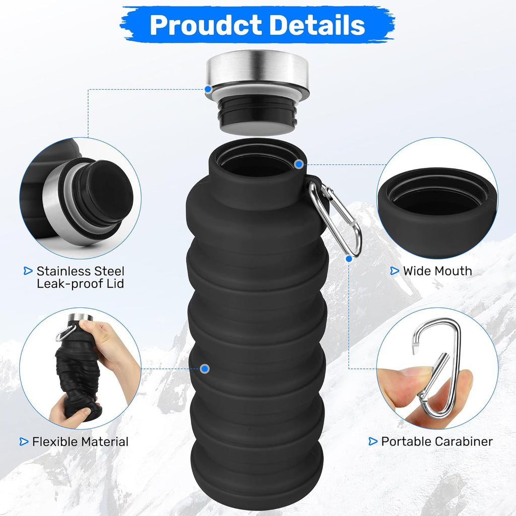Collapsible Water Bottle, 16oz Portable Reusable Silicone Water Bottle with Carabiner for Gym, Travel, Camping, Hiking, Sports, Lightweight, BPA-Free, Leak-Proof, Foldable Design, Light Blue