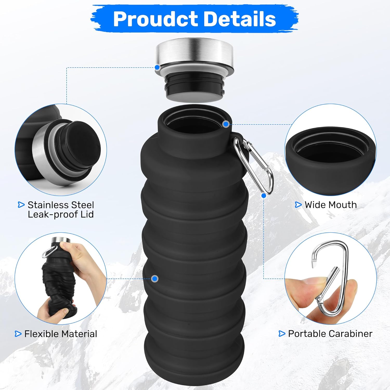 Collapsible Water Bottle, 16oz Portable Reusable Silicone Water Bottle with Carabiner for Gym, Travel, Camping, Hiking, Sports, Lightweight, BPA-Free, Leak-Proof, Foldable Design, Light Blue