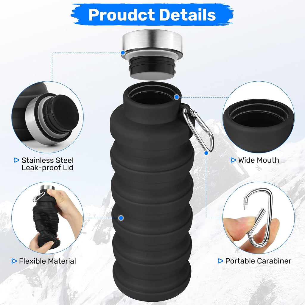 Collapsible Water Bottle, 16oz Portable Reusable Silicone Water Bottle with Carabiner for Gym, Travel, Camping, Hiking, Sports, Lightweight, BPA-Free, Leak-Proof, Foldable Design, Light Pink