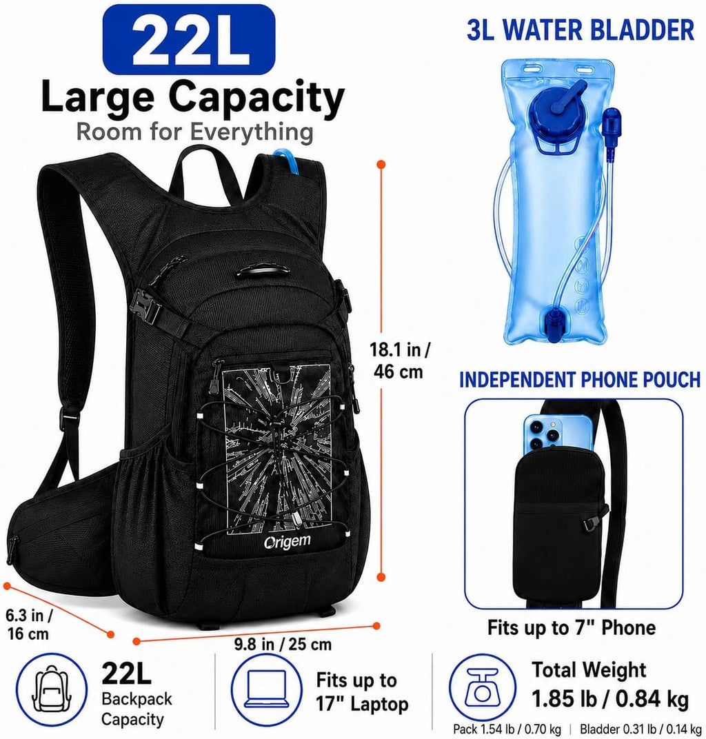 Origem 22L Hiking Hydration Backpack with 3L Bladder & Rain Cover Men Women