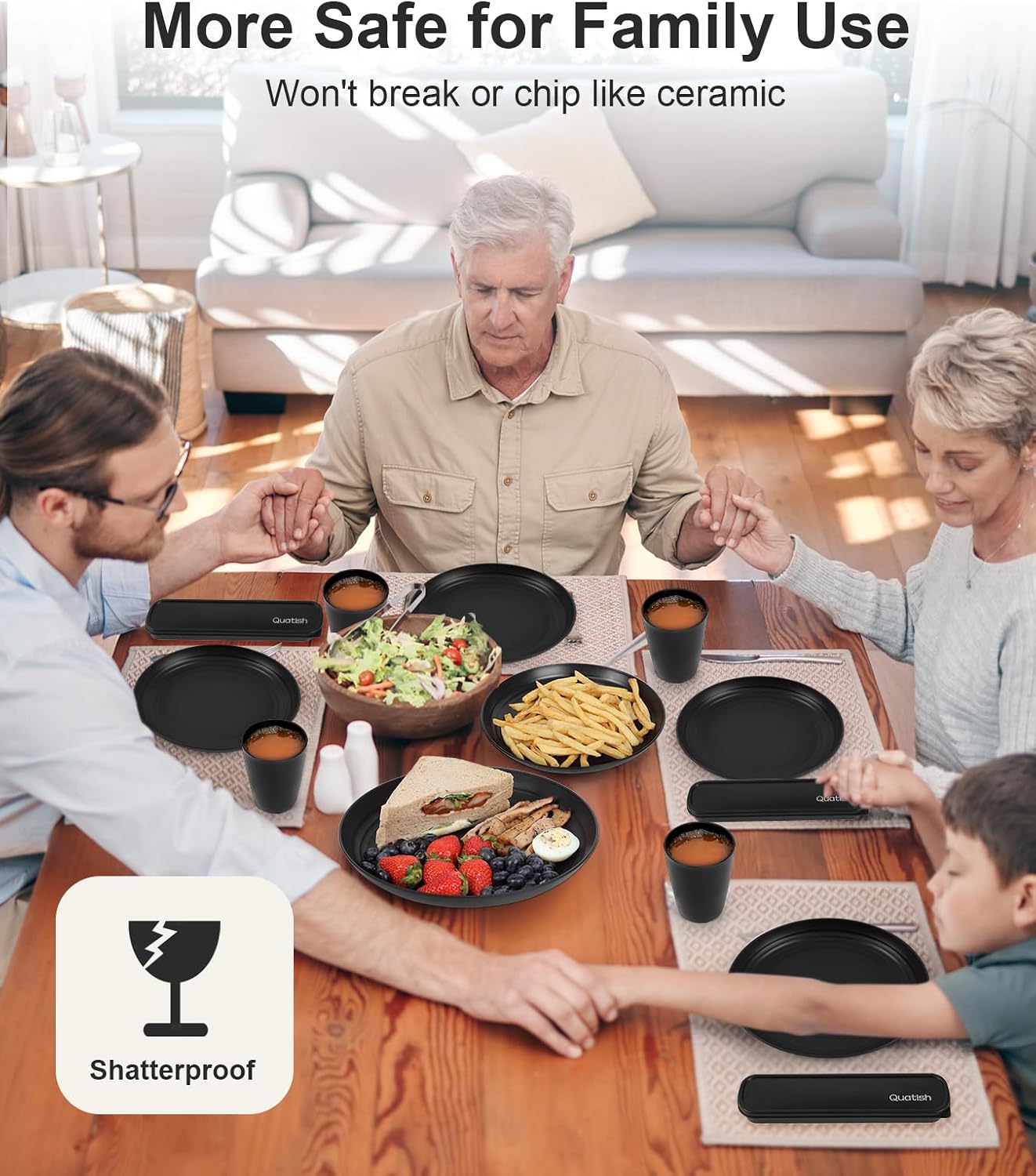 Quatish 24 Piece Plates and Bowl Set for 6, Dinnerware Dish Set for Kitchen | Unbreakable, Dishwasher Microwave Safe, House Warming Gift New Home,Dorm Apartment Essential, Kitchen and Dining Decor, Black