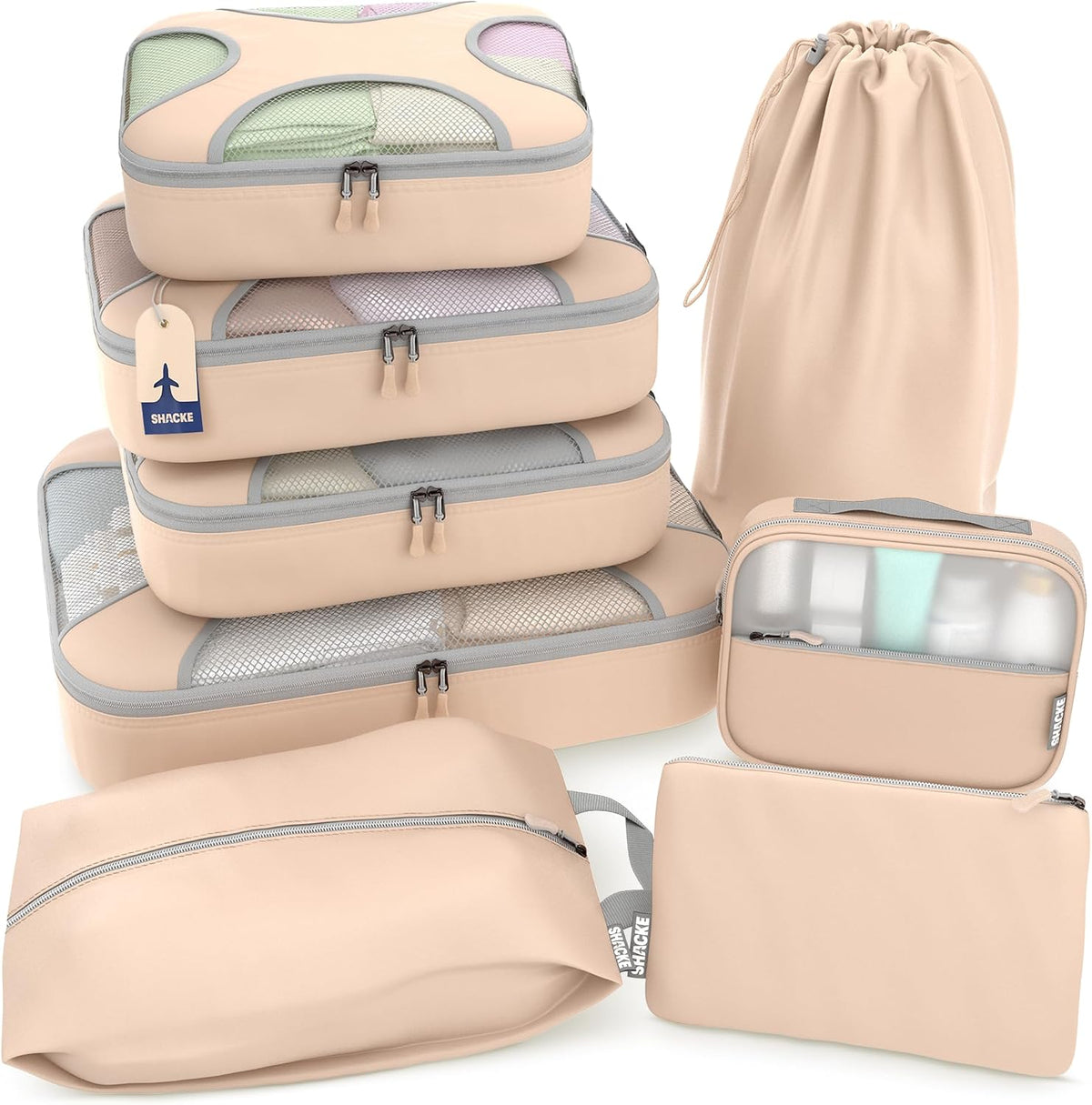 Shacke 5 Set Packing Cubes for Travel with Laundry Bag (Cream)