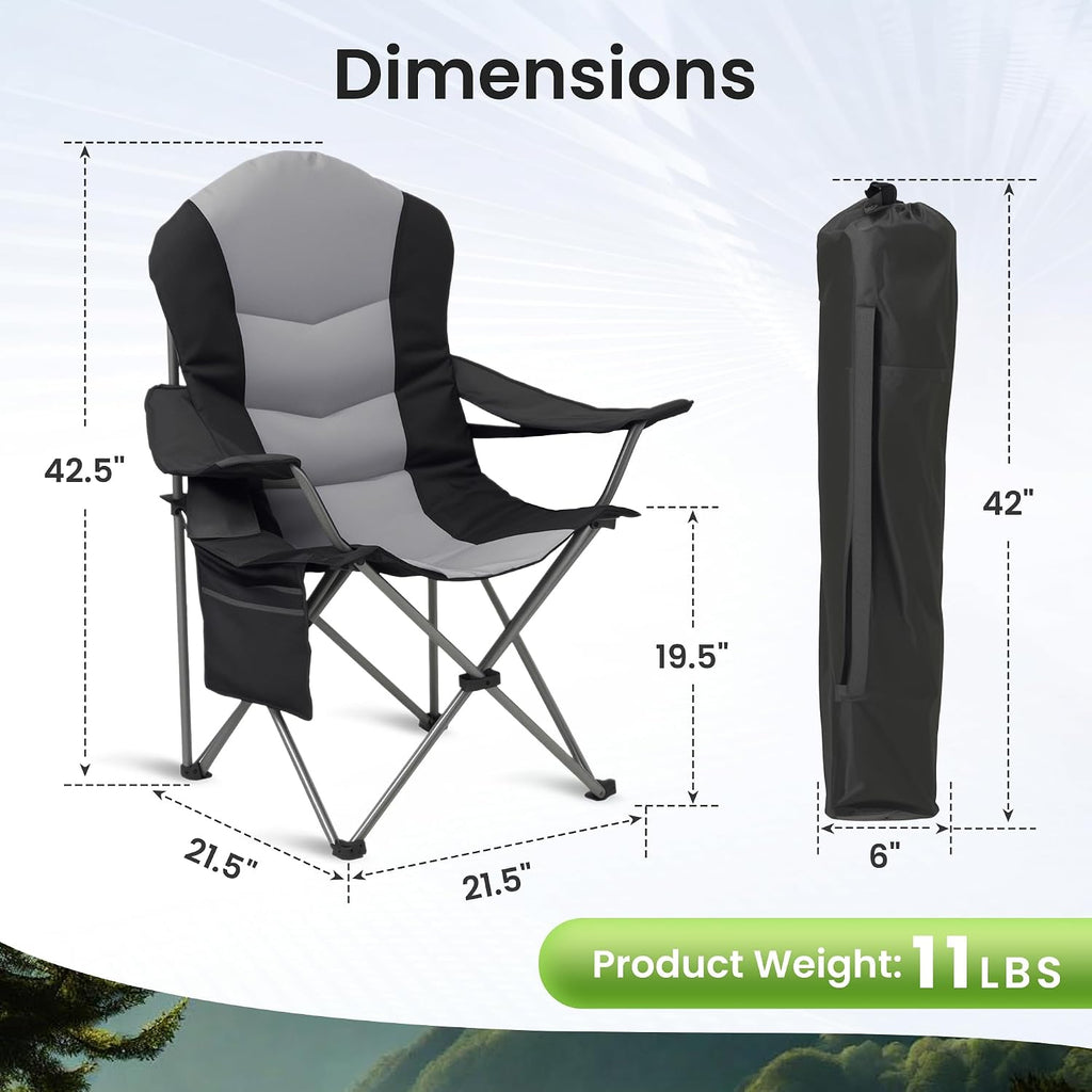 2 Pack Folding Camping Chairs for Adults - High Back Padded Outdoor Lawn Chairs with Lumbar Support & Cup Holder, 400lbs Heavy Duty Portable Camping Chairs Set (Black & Gray, 2 PCS)