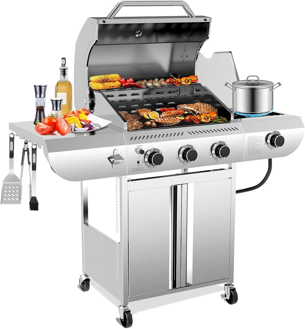 Electactic 3-Burner Propane Gas Grill with Side Burner – 34,000 BTU Stainless Steel Outdoor BBQ Grill, Cast Iron Grates, Portable with Wheels for Patio, Camping