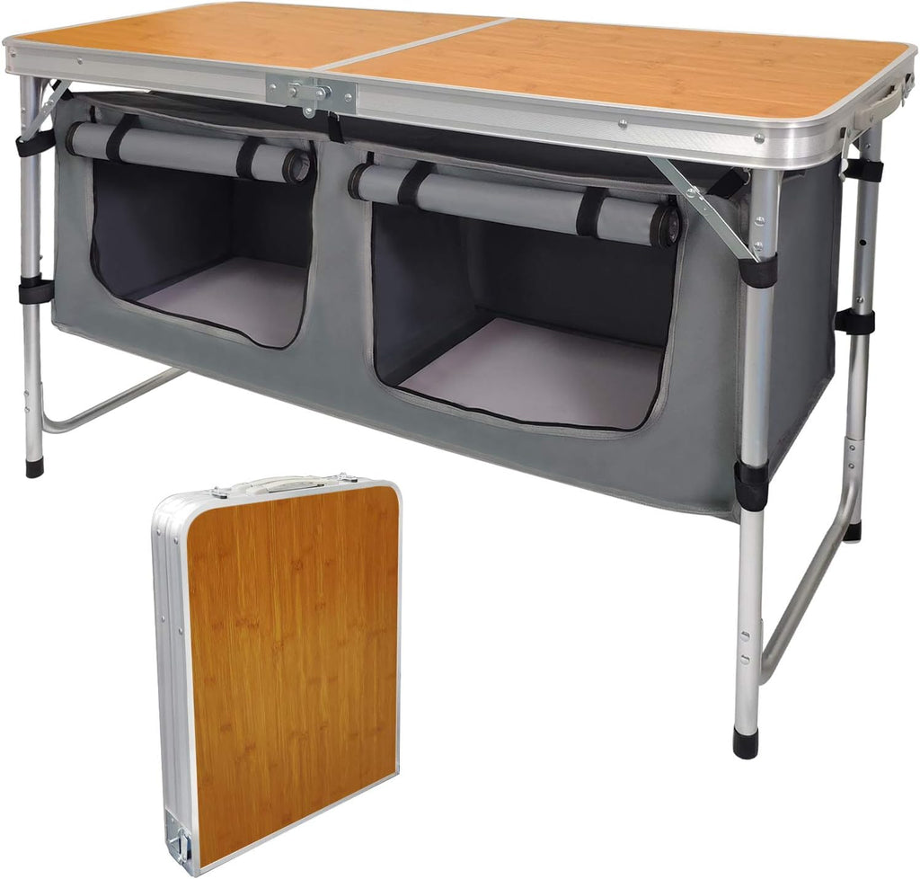 Folding Camping Table with Storage Lightweight Camp Tables Portable Indoor/Outdoor Collapsible Table Height Adjustable Camp Kitchen Perfect for Picnic, Beach, Travel, Tailgating, Backyards, BBQ, Party