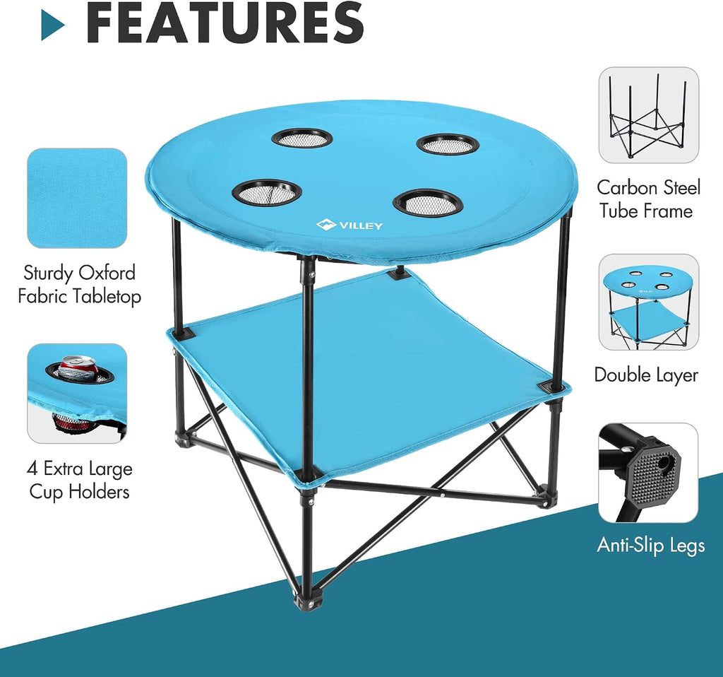 VILLEY Folding Camping Table, Double-Layer Round Camp Table with Carry Bag