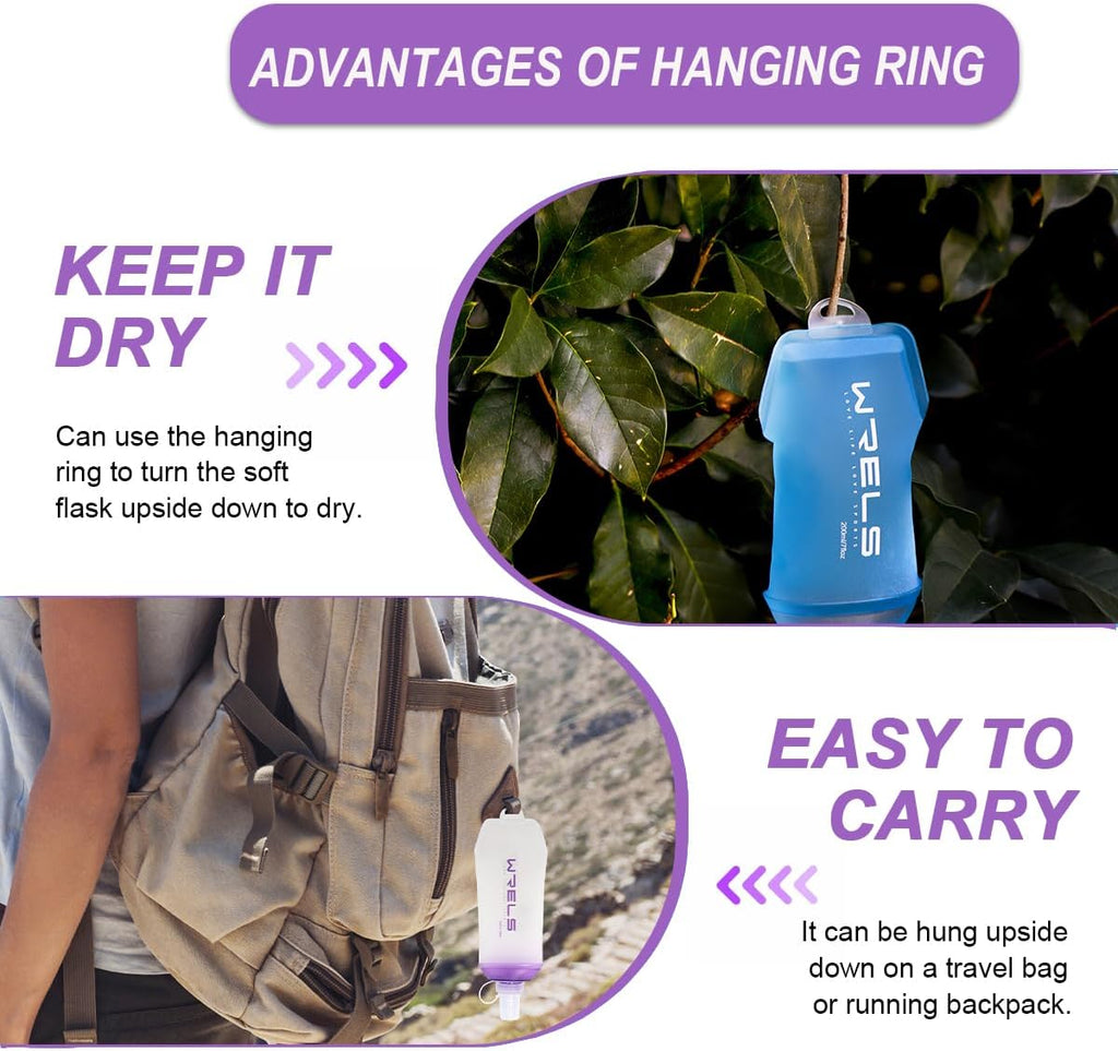 WRELS 200ml/350ml/500ml Collapsible Soft Flask,BPA Free Folding Soft Water Bottle with Hanging Ring,Lightweight TPU Hydration Flask for Running Marathon Cycling Hiking(500ml-2 Packs)