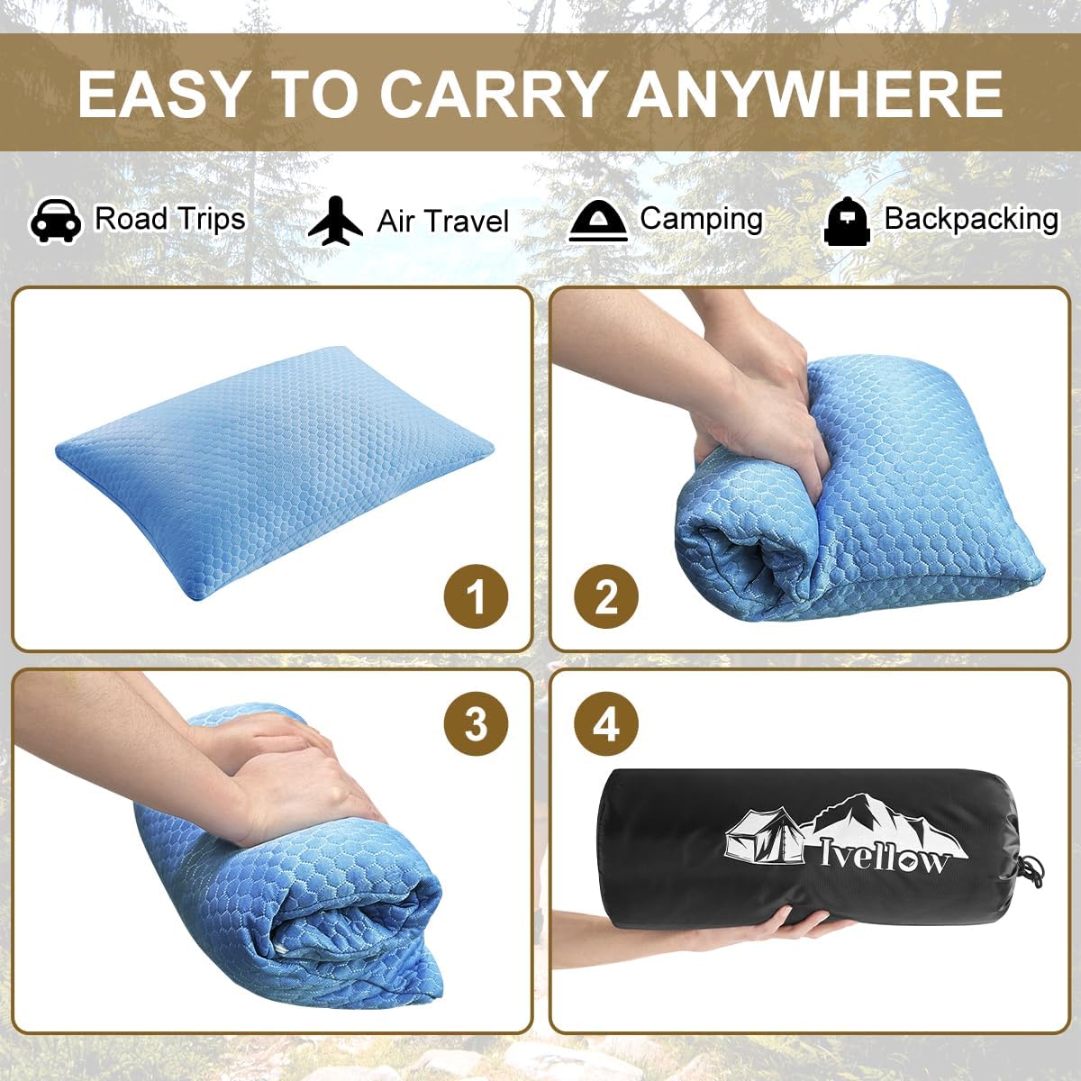 Ivellow Travel Pillow, Camping Pillow for Sleeping,Cooling, Memory Foam -M