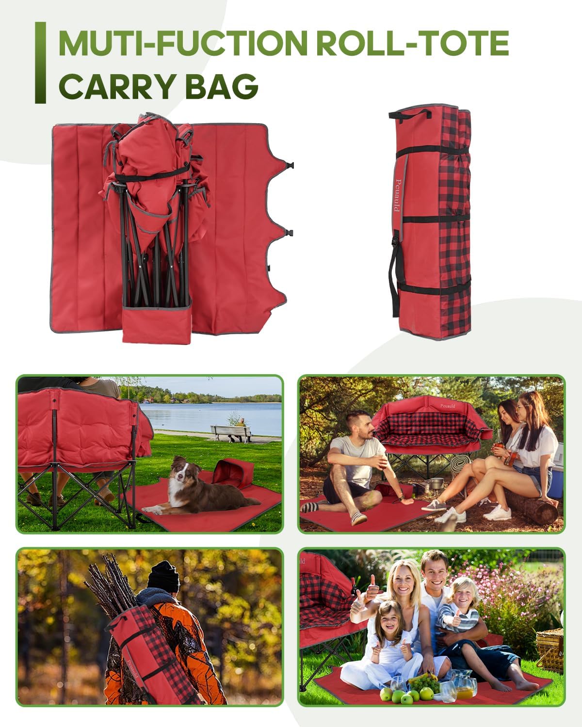 Padded Double Camping Chair Loveseat Oversized Camping Couch, Red