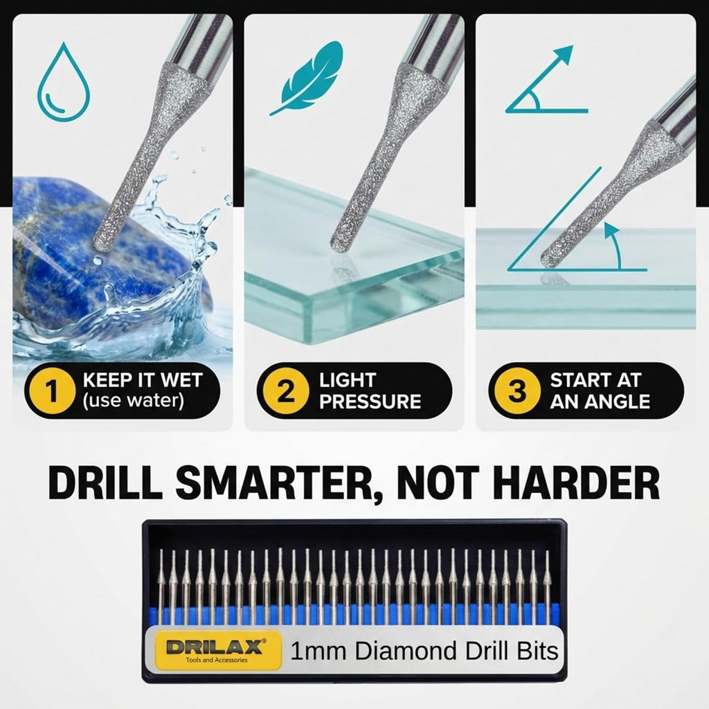 Drilax 30-Piece 1mm Diamond Drill Bits Set – 1/8 Shank Compatible with Dremel Rotary Tools – Precision Diamond Dremel Bits for Jewelry Making, Stone, Glass, Ceramic, Sea Glass, & Gemstones