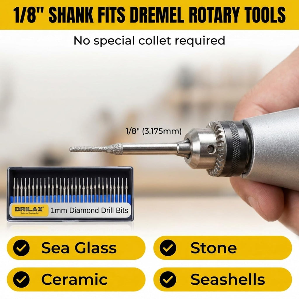 Drilax 30-Piece 1mm Diamond Drill Bits Set – 1/8 Shank Compatible with Dremel Rotary Tools – Precision Diamond Dremel Bits for Jewelry Making, Stone, Glass, Ceramic, Sea Glass, & Gemstones