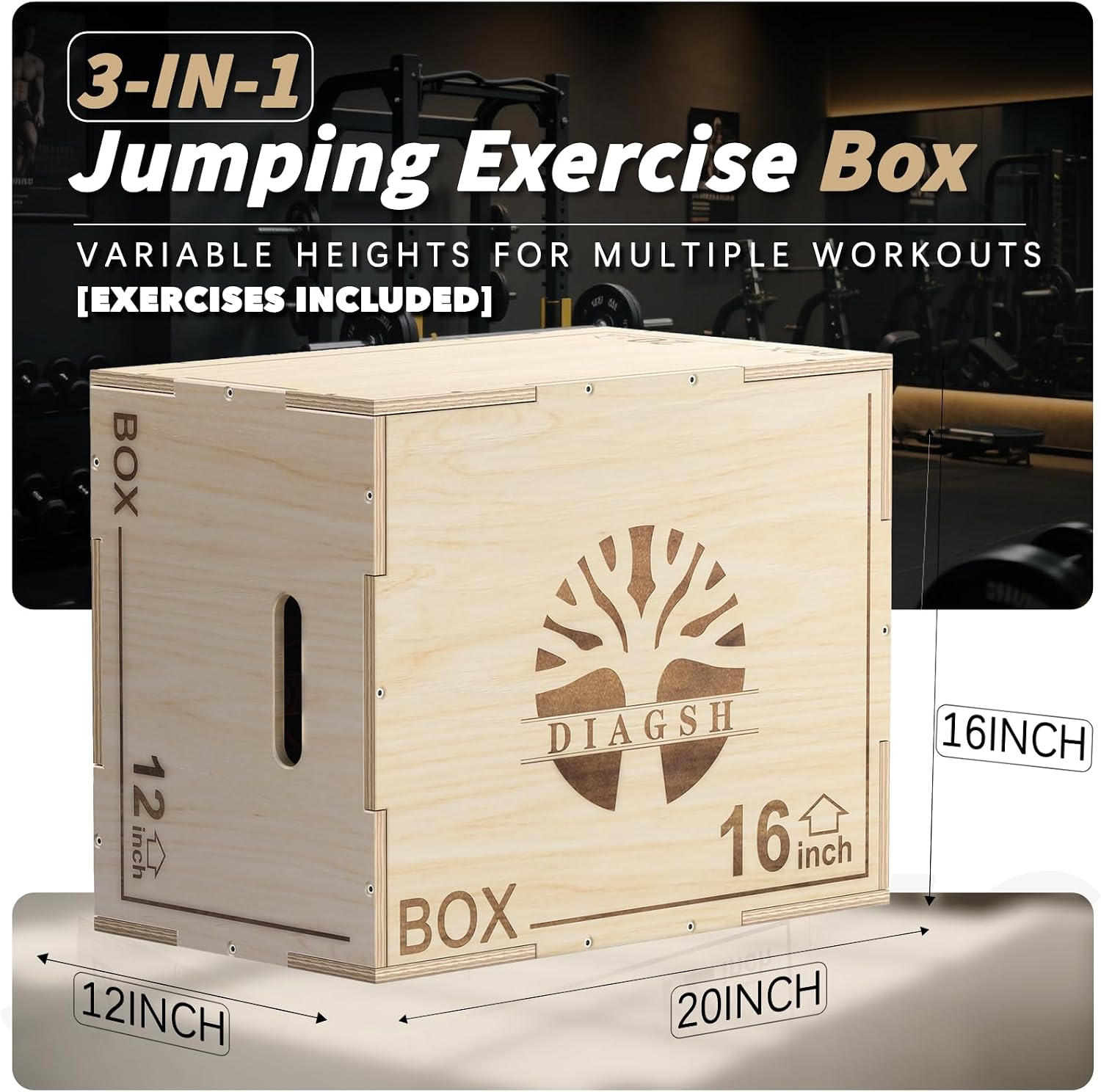 Plyo Box - 3-in-1 Wood Plyometric Jump Platform (16"x12"x8") for Home Gym Training - Ideal for Jumps, Squats & Conditioning-1 Piece
