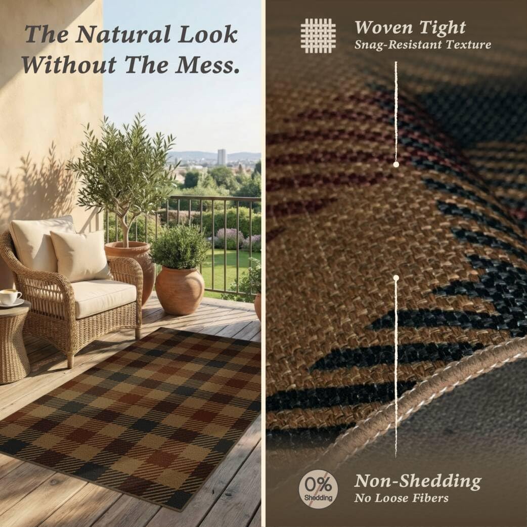 JTJ Easy Jute 3x5 Outdoor Rug, Black & Brown Plaid, Washable