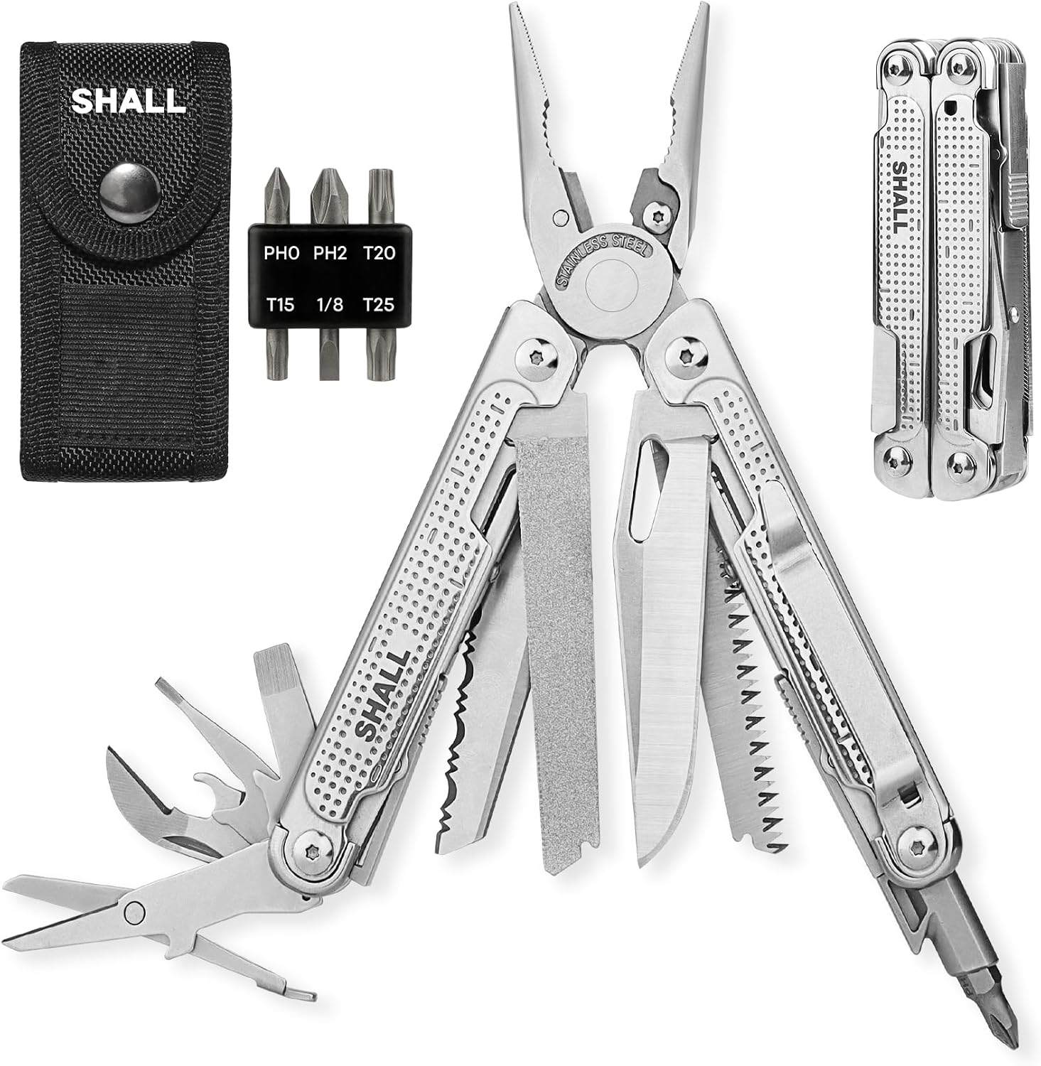 SHALL Multi Tool, 18-in-1 Multitool Pliers, Stainless Steel Multi-tool Pocket Knife w/Screwdriver Bit & Universal Socket, Self-locking Multipurpose Tool w/Sheath for Camping Fishing Survival Hunting