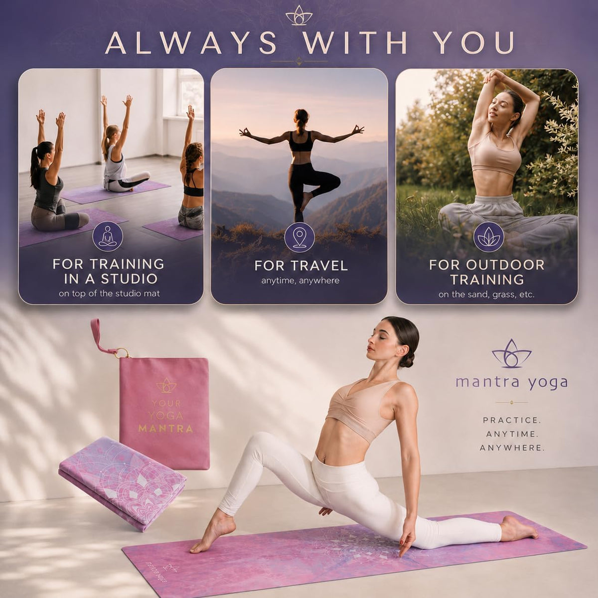Mantra Yoga Travel PRO 1.5mm with Knee Pad - Foldable Fitness & Exercise Mat with Bag | Lightweight, Compact & Eco-Friendly | Non-Slip & Washable | For All Types of Yoga | 72" L x 24" W | 2.6 lbs