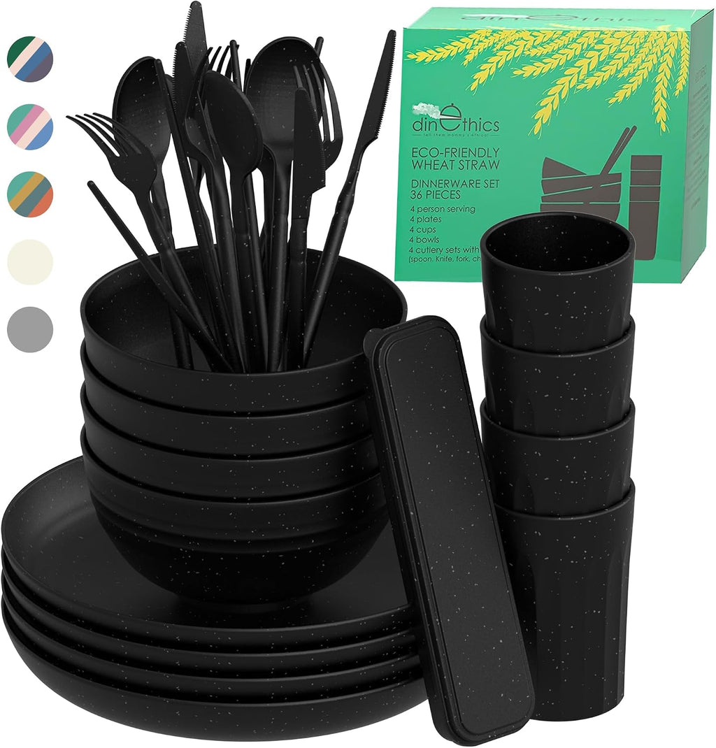 Wheat Straw Dinnerware Sets For 4 - Alternate To Black Plastic Dishes - Dishwasher Microwave Safe Plates And Bowls Sets - Unbreakable Wheat Straw Plates And Bowls - Camping Dishes