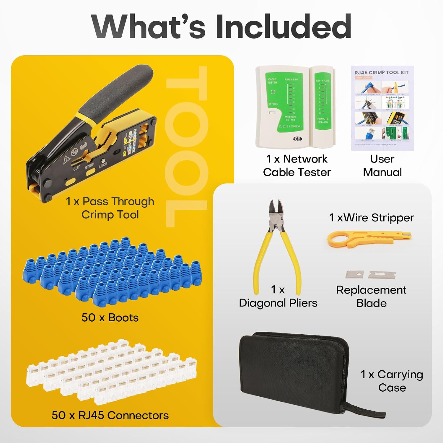 All-in-One RJ45 Crimp Tool Kit with Tester and Carrying Case, Pass Through Ethernet Crimper for Cat5 Cat5e Cat6, RJ11 RJ12 6P/8P, 50 Connectors and 50 Boots