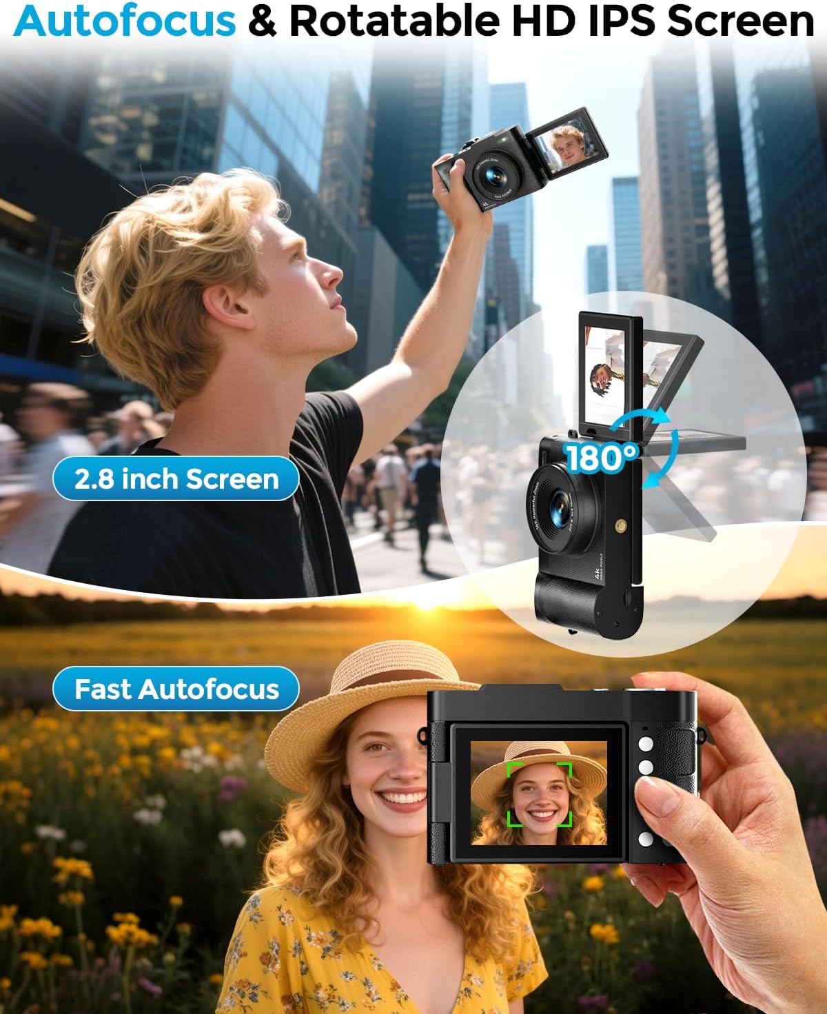 4K Digital Camera for Photography- 48MP Autofocus Vlogging Camera with 2.8" 180° Flip Screen, 16X Digital Zoom- Compact Point and Shoot Camera with 64GB SD for YouTube, Travel, Beginners