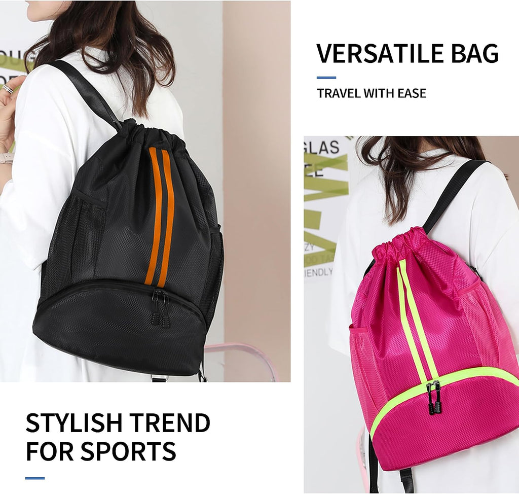 JELUTAR Drawstring Backpack Gym Bag with Shoes Pocket, Black Orange
