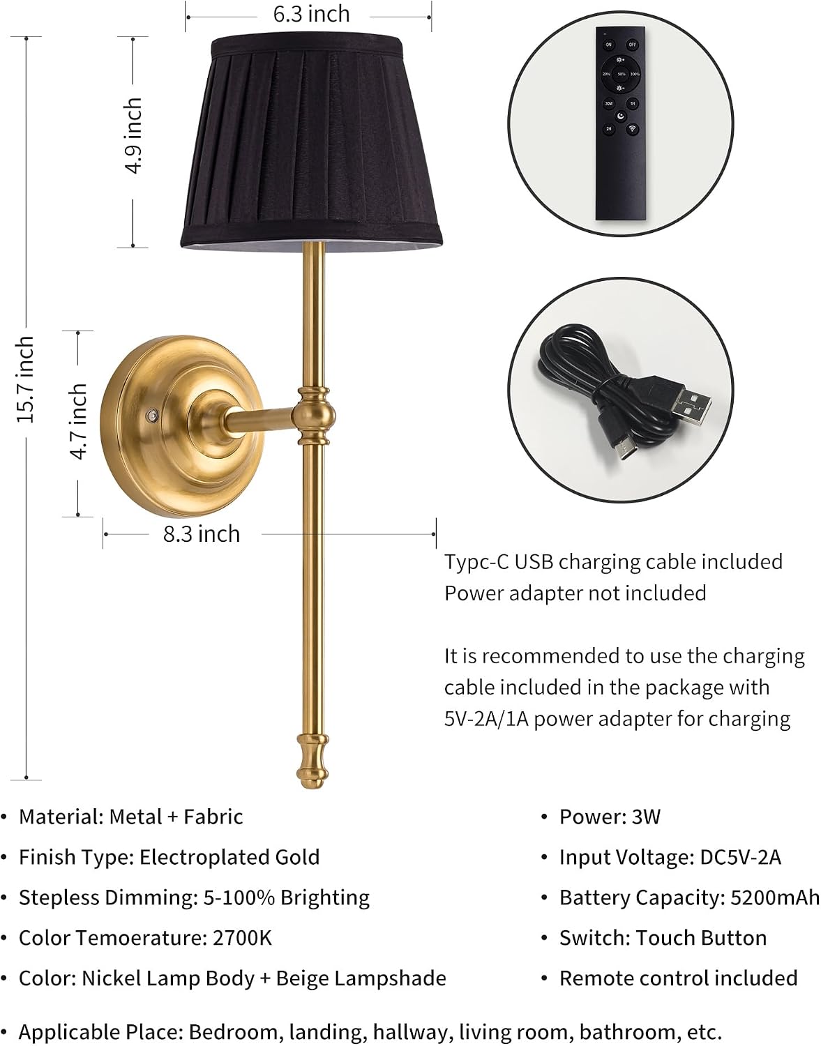 KDG Gold Cordless Wall Sconces Set of 2, Black Fabric LED Wall Lamps