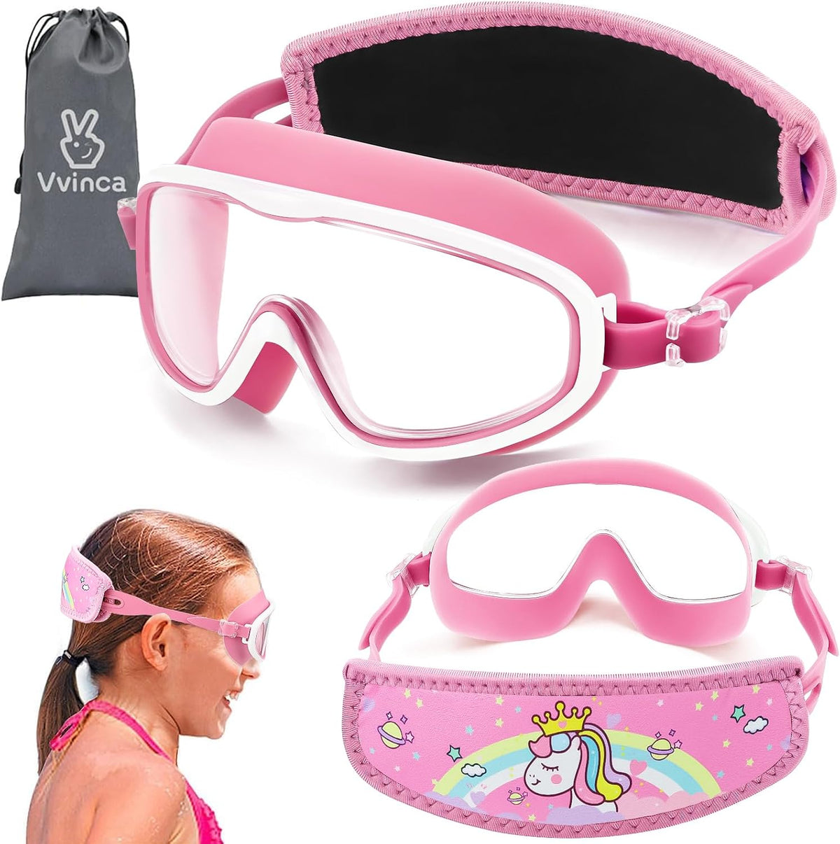 Vvinca Kids Swim Goggles 2-8，Toddler goggles with Fabric Strap No Tangle