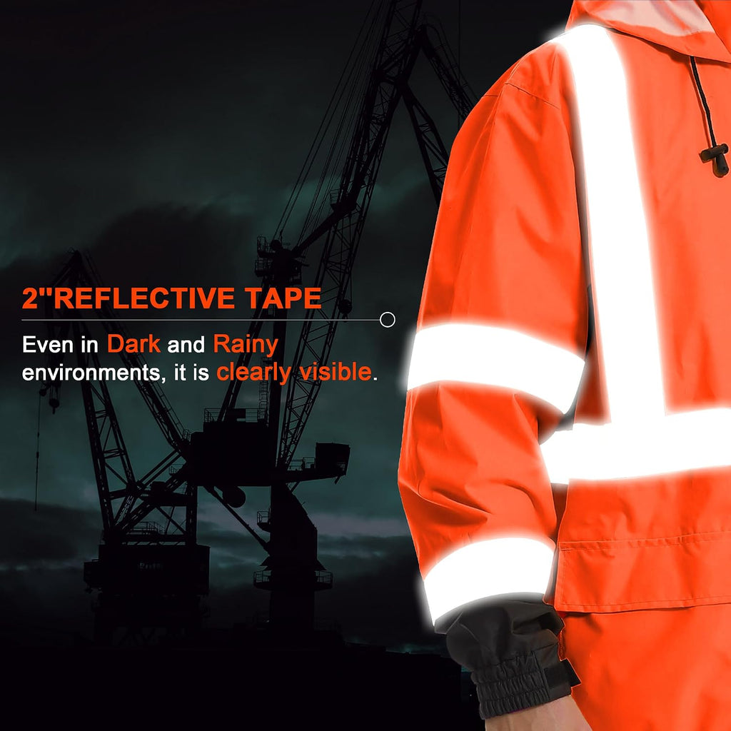 Reflective Rain jackets for men waterproof,Hi Vis Safety Coat With Reflective Strips，High Visibility Class 3 Rain jackets With 2 large pockets，Zipper,Black Bottom Orange,4XL/5XL