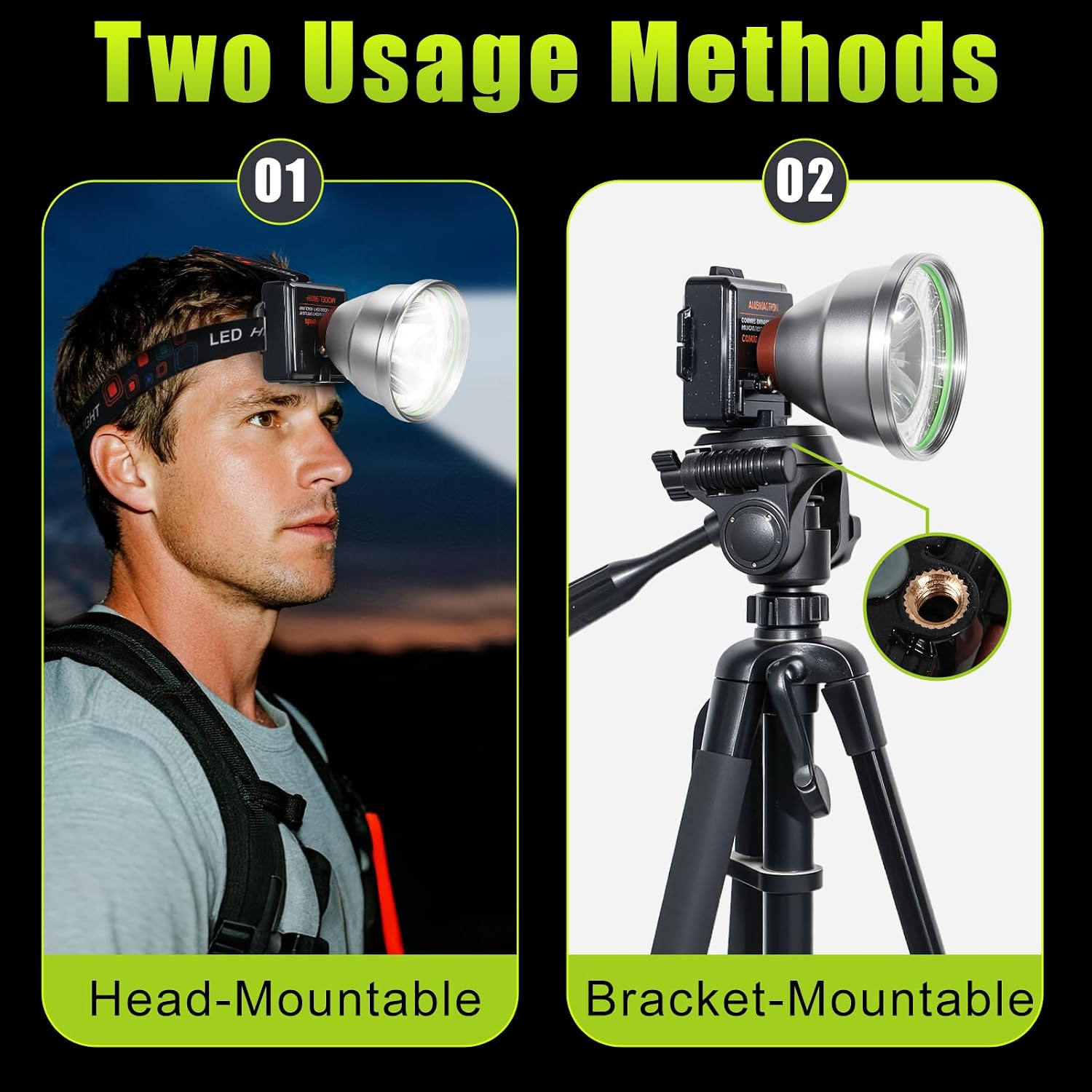 Rechargeable LED Headlamp with Flood and Spot Beam, Power Display, 4 Lighting Modes, Yellow/Blue Filter Lens, High Lumen Outdoor Waterproof Head Torch for Fishing, Hunting, Hiking, Outdoor Activities