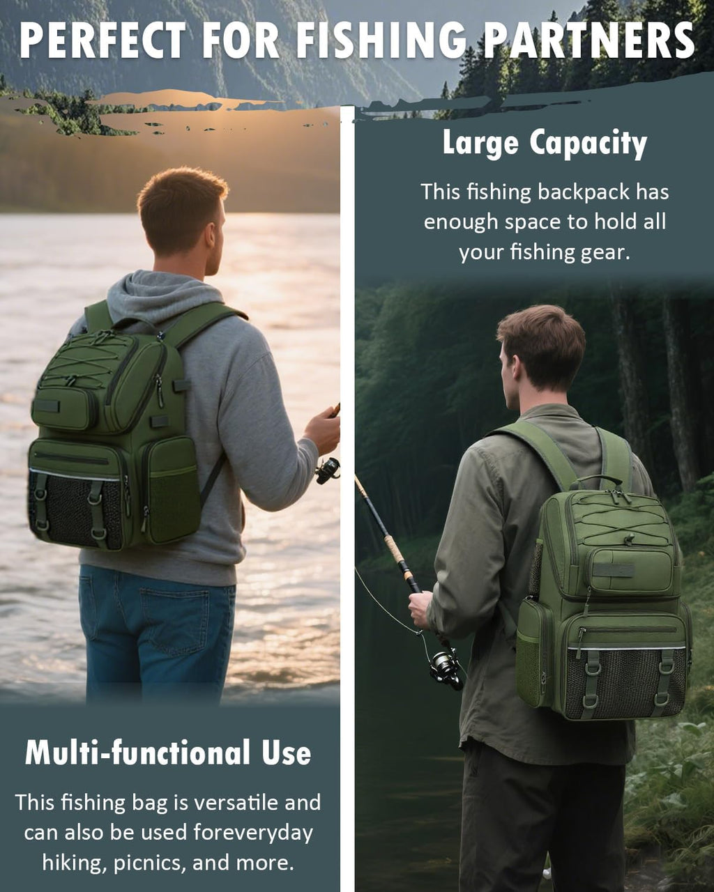 HAMBOLY 50L Fishing Backpack with Tackle Boxes, Cooler & Rod Holders