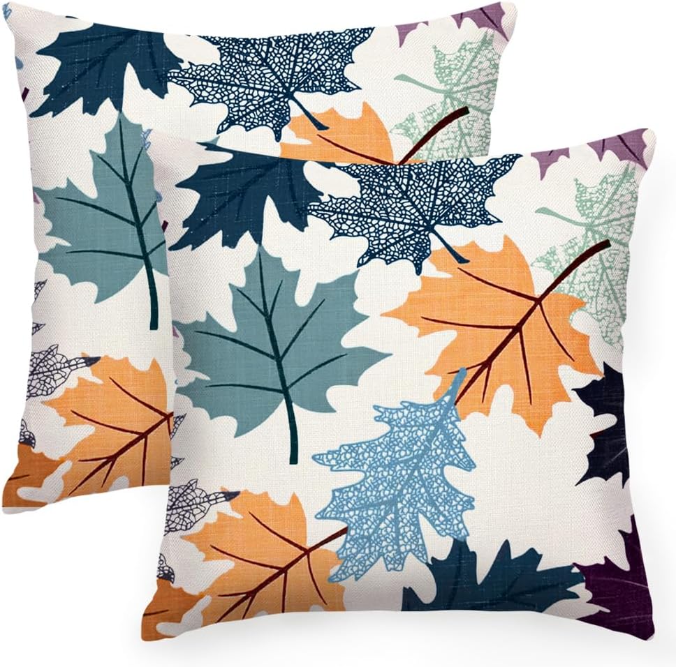 Fall Pillow Covers 18x18 Set of 2,Blue Maple Leaves Outdoor Thanksgiving
