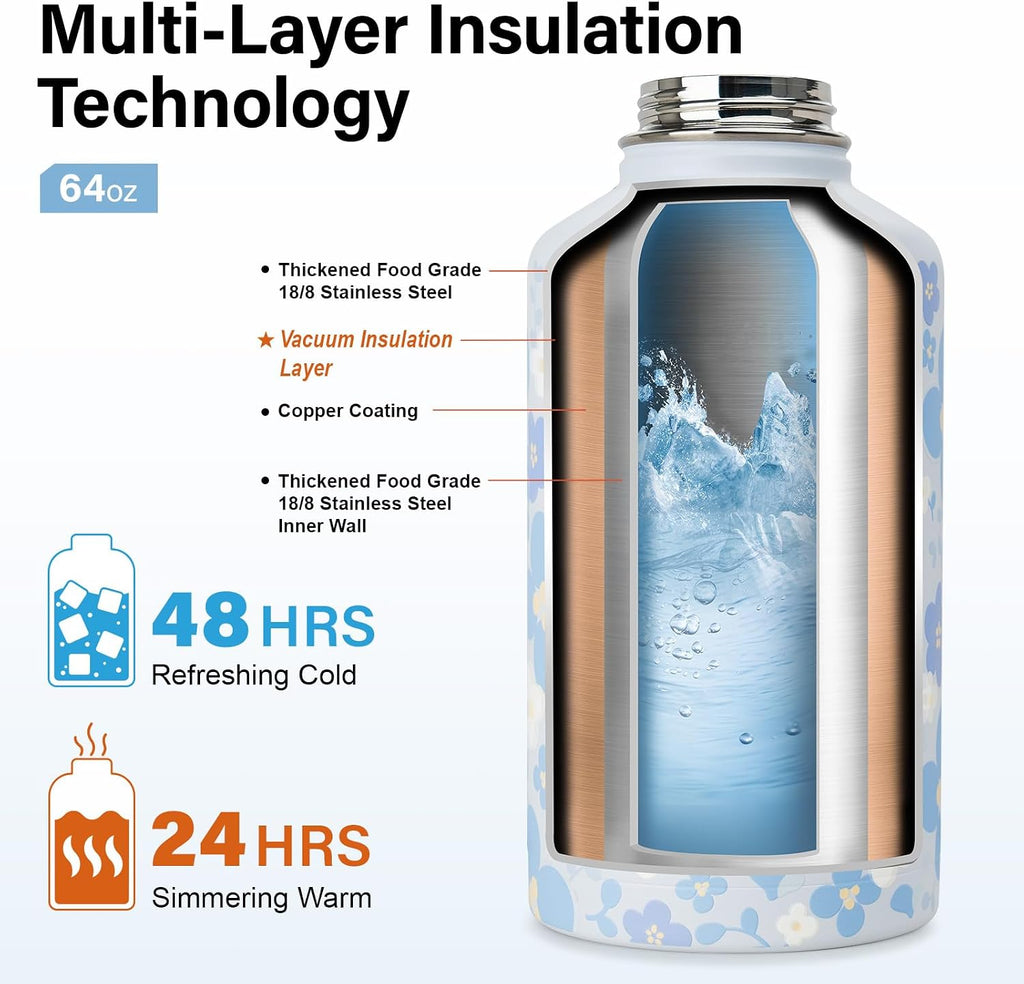 DYSANKY Insulated Water Bottle w/Straw Lid & Portable Carrier Bag, 64oz