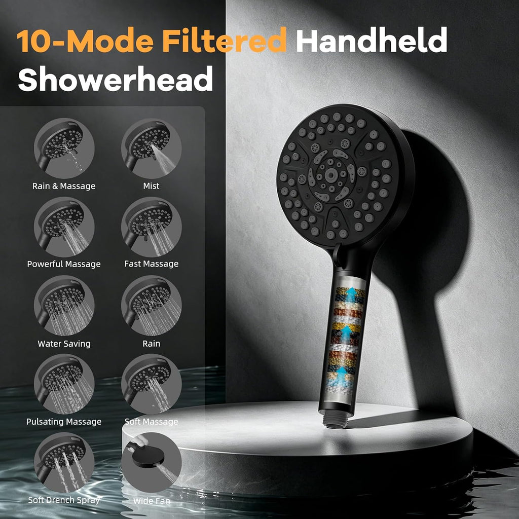 Hibbent 13'' Rain Showerhead Combo, 10 Mode Filtered Handheld Spray, Black