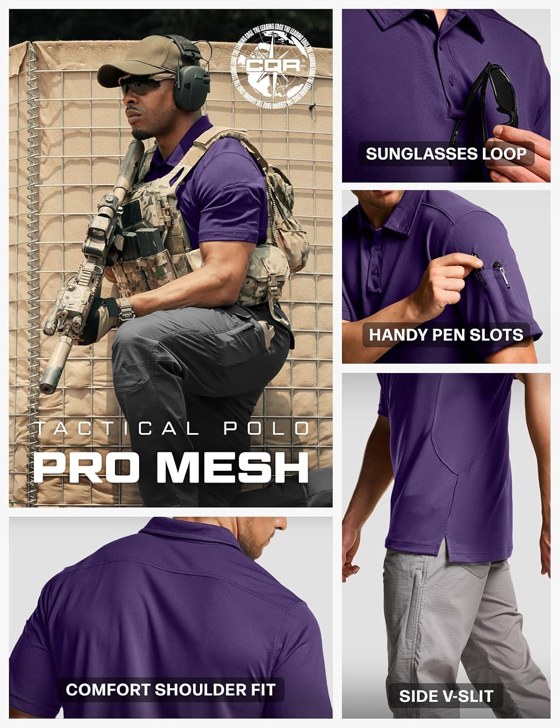CQR Men's Quick Dry Tactical Polo Shirt, Lightweight Breathable Performance Polo, Short Sleeve UPF 50+ Outdoor Golf Shirt