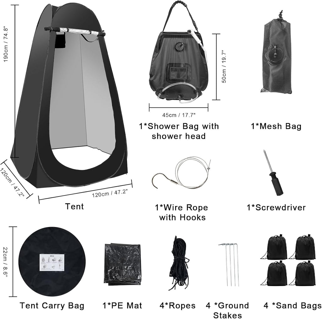 Portable Camping Shower Tent,Shower Tent Kit, Outdoor Pop Up Privacy Tent,Changing Tent with 5 Gallon Shower Bag-(Nozzle Upgraded)