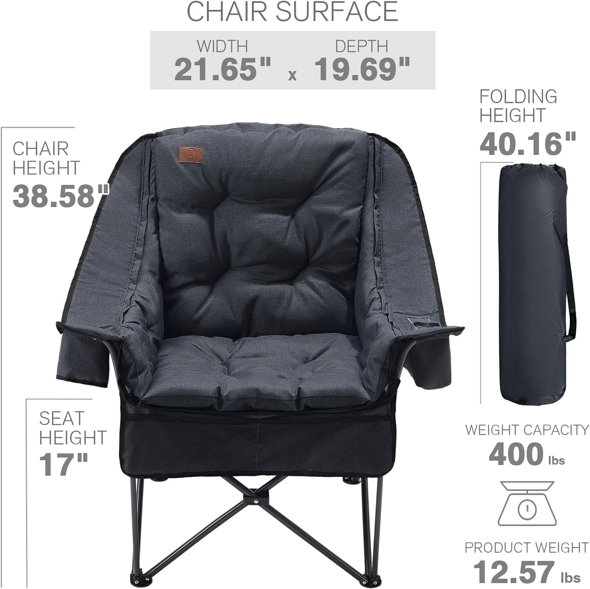 EVER ADVANCED XL Camping Chair with Detachable Cushion Support 400LBS Black