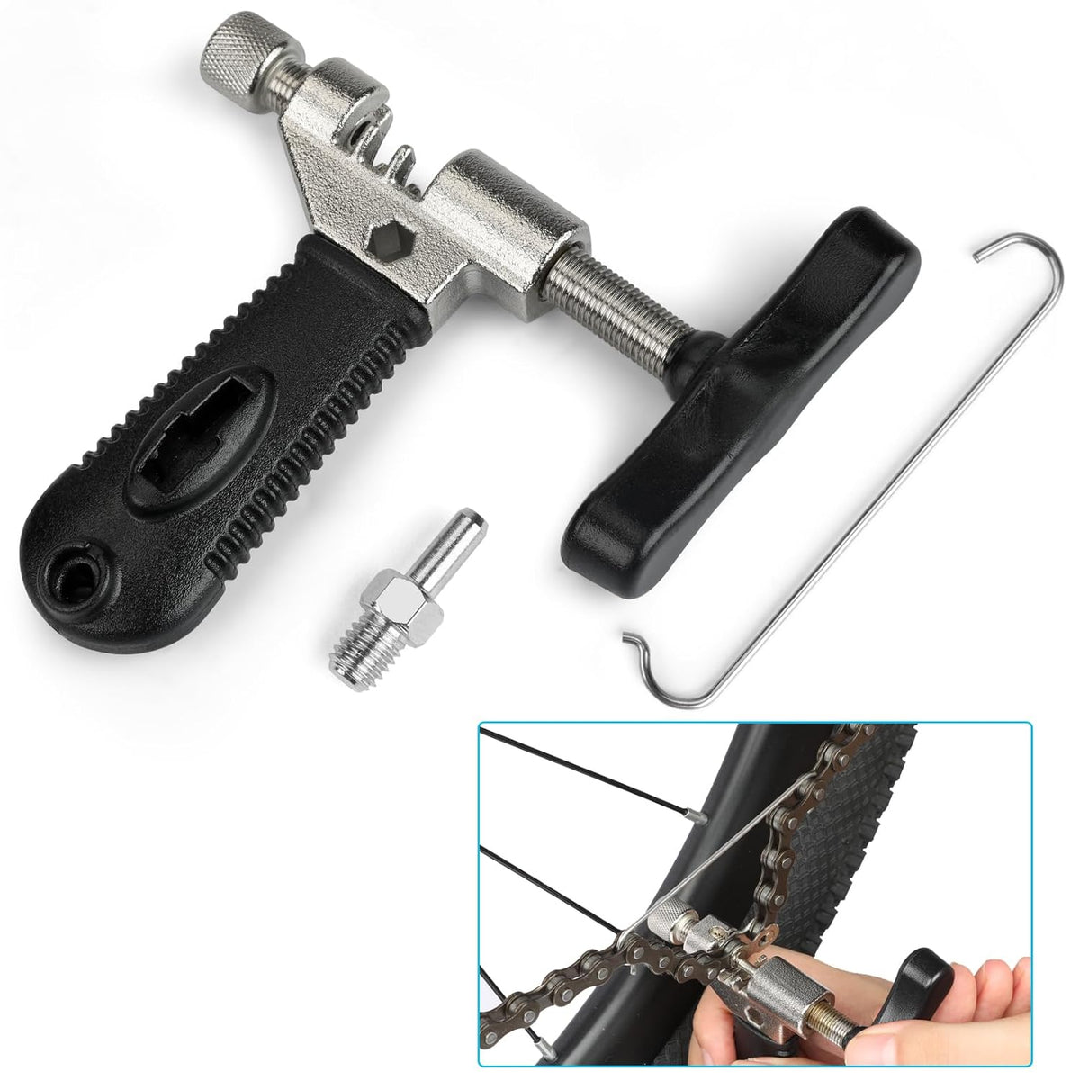 Bike Chain Repair Tool Kit with Single Speed Chain, Chain Breaker with Hook, Bike Link Plier and 6 Pairs Bicycle Buckle for Road Mountain Racing Cycling