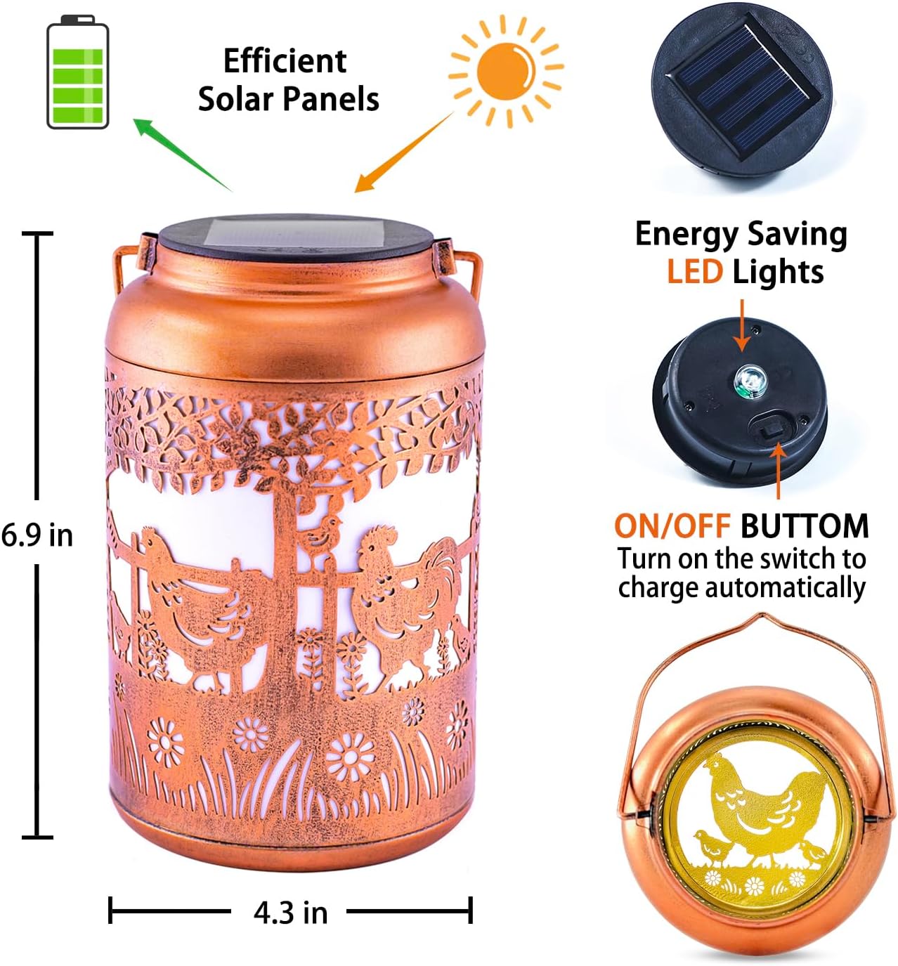 Chicken Solar Lanterns Outdoor Hanging Waterproof Solar Lights Chicken Gifts for Women Men Metal Rooster Decorative LED Lanterns for Outside, Patio, Landscape, Yard Decor, Garden Decorations