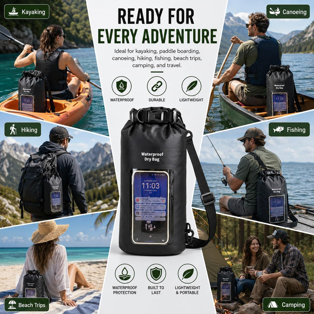 3L IPX8 Waterproof Dry Bag Backpack with Touchscreen Phone Pouch, Black