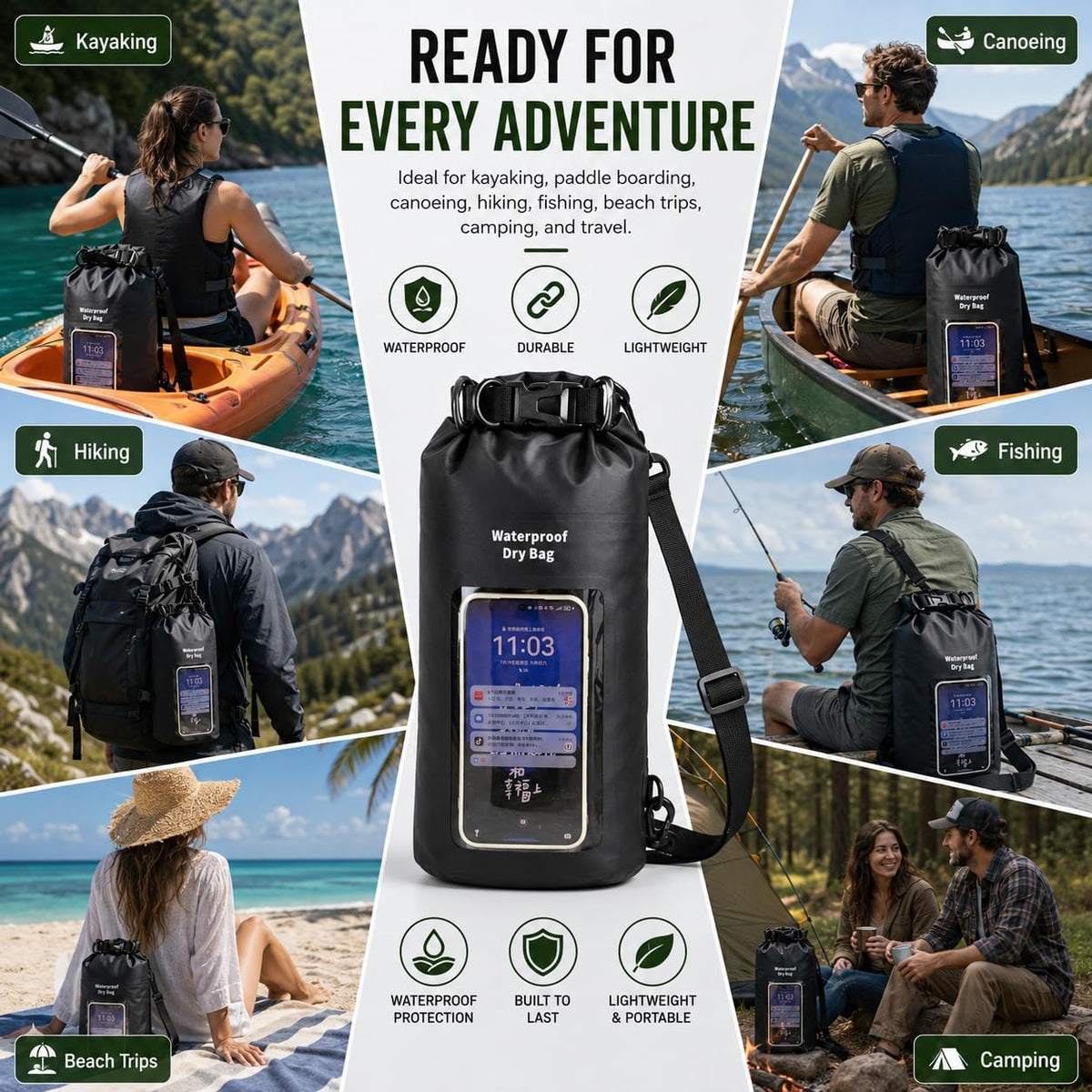 3L IPX8 Waterproof Dry Bag Backpack with Touchscreen Phone Pouch, Black