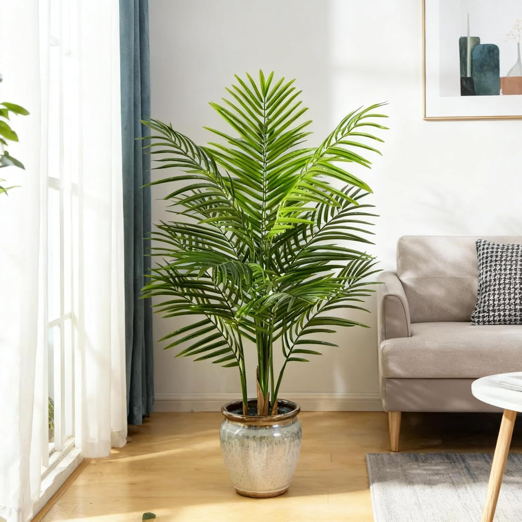4ft Artificial Palm Tree Indoor, Large Fake Tropical Areca Palm with 13 Trunks, Tall Faux Floor Plants for Indoor Living Rooms Offices Bedroom Home Decor
