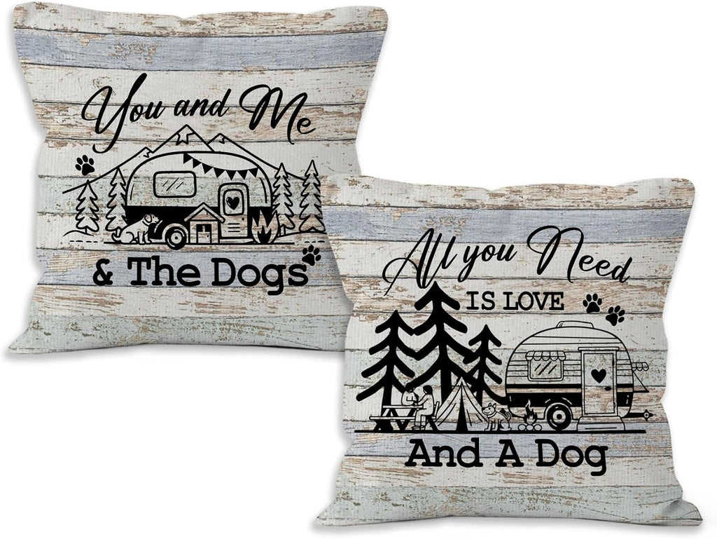 Camping Rv Pillow Covers 18x18 Set of 2, Camper Dog Campsite Pillow Covers for Home Bedroom Couch, You and Me and The Dogs,Camping Gifts for Women