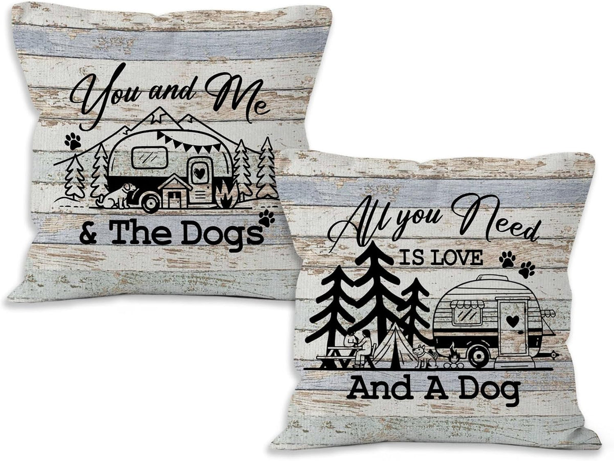 Camping Rv Pillow Covers 18x18 Set of 2, Camper Dog Campsite Pillow Covers for Home Bedroom Couch, You and Me and The Dogs,Camping Gifts for Women