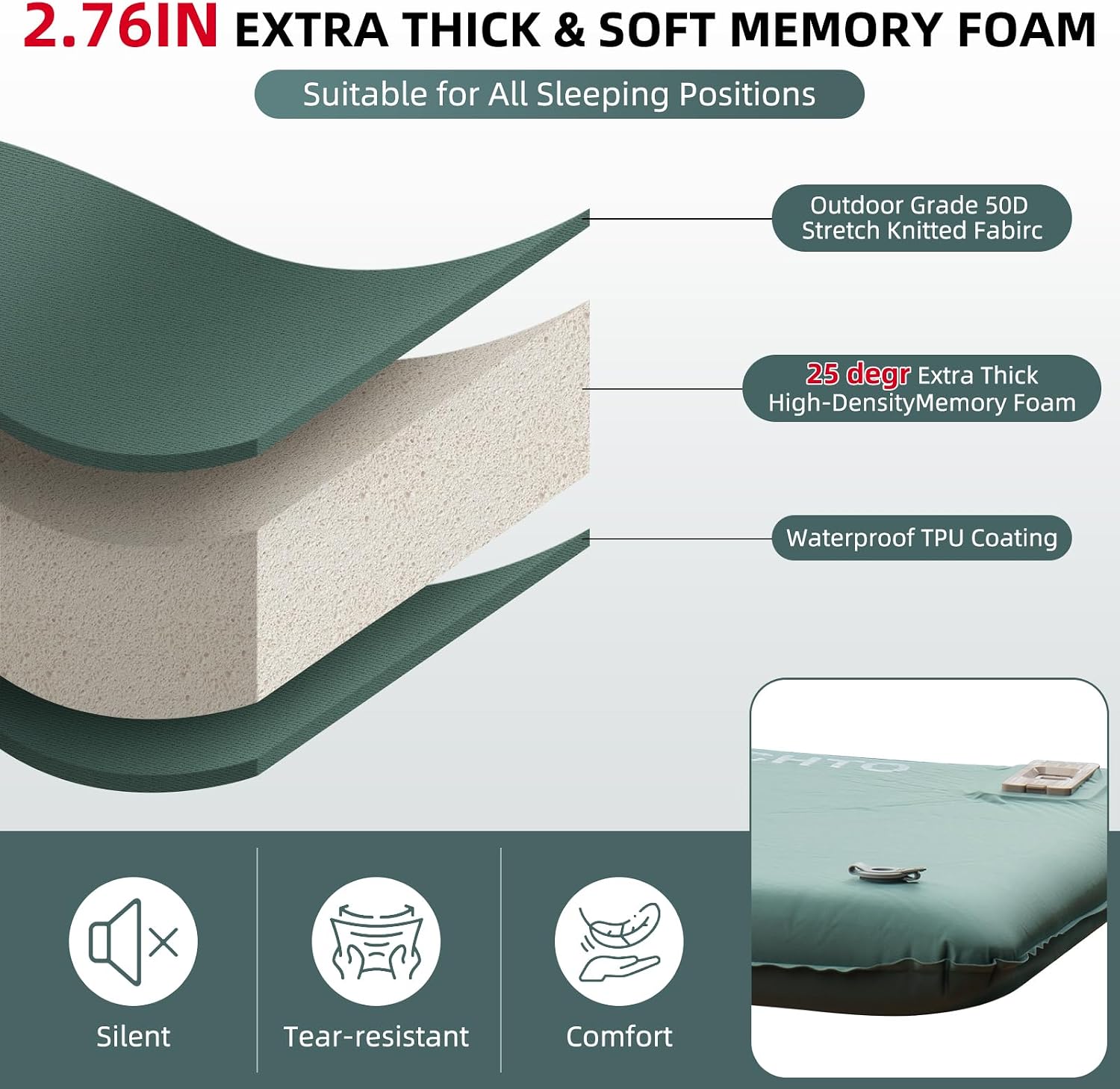 Self Inflating Sleeping Pad with Electric Pump, 30s Inflate Memory Foam Mat