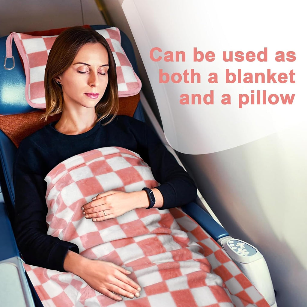 Travel Blanket and Pillow Compact, Premium Soft 2 in 1 Airplane Blanket with Soft Bag Pillowcase，Hand Luggage Sleeve and Backpack Clip (Ckeckered Pink)