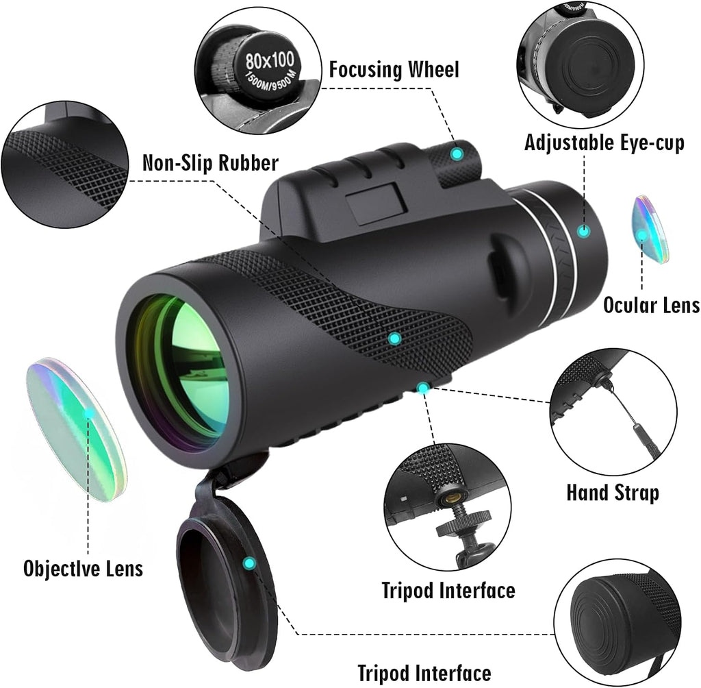 Monocular Telescope 80x100 High Powered Waterproof Monoculars for Adults with Smartphone Adapter Tripod Monocular for Wildlife Bird Watching Hunting Hiking Camping Travel, Black