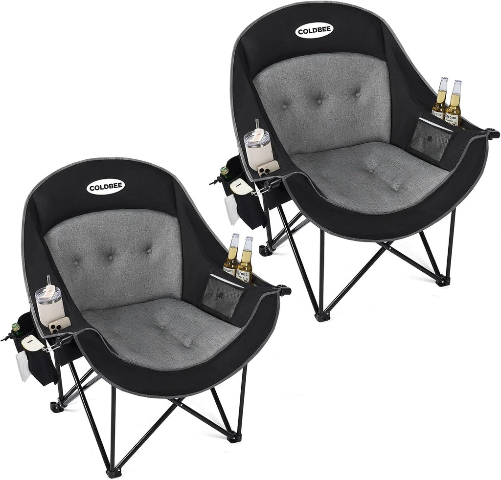 Coldbee Oversized Camping Chairs, Heavy Duty Padded, Thick Headrest, Black