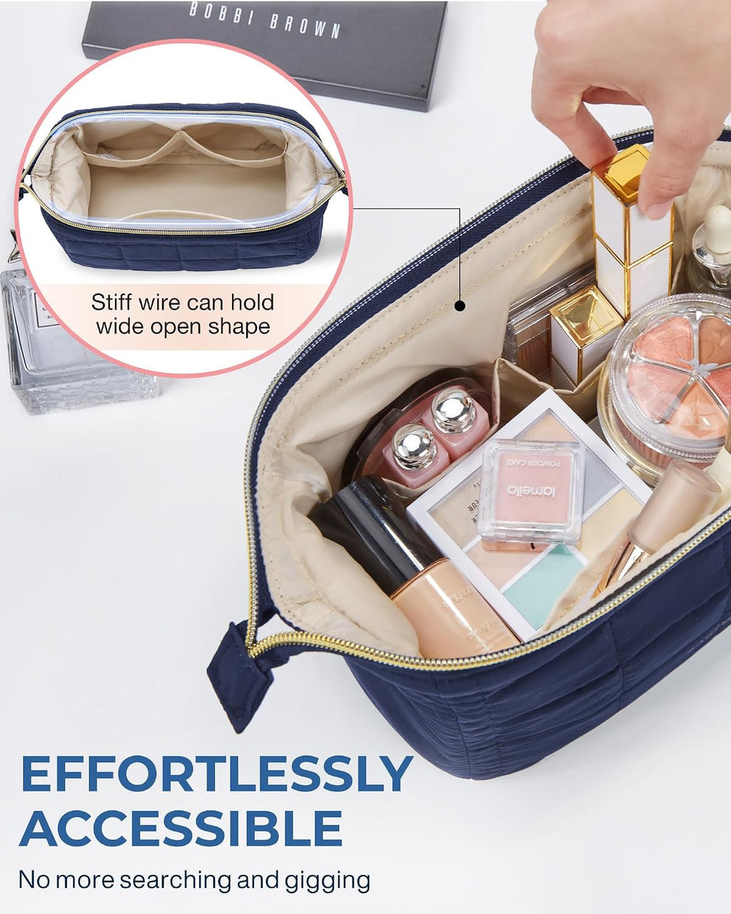 BAGSMART Makeup Bag Travel Toiletry Bag, Wide-open Zipper Pouch, Navy Blue